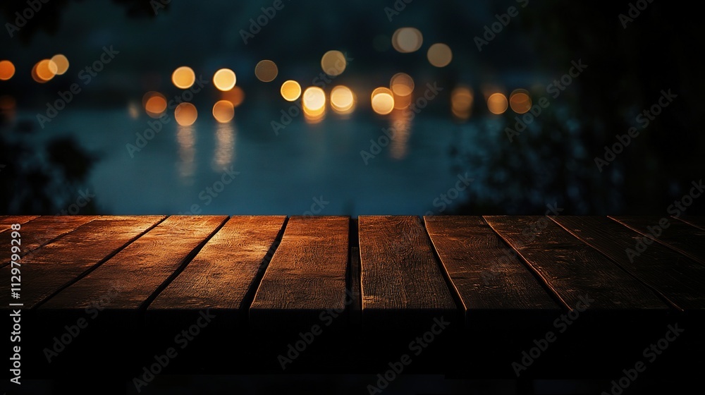 Poster empty wooden table with bokeh lights in dark background