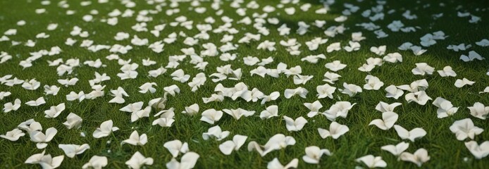 White bougainvillea flower petals scattered on the grass, tropical, macro, decor