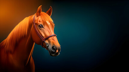 Obraz premium A majestic portrait of a stunning brown horse against a vibrant blue and orange background.