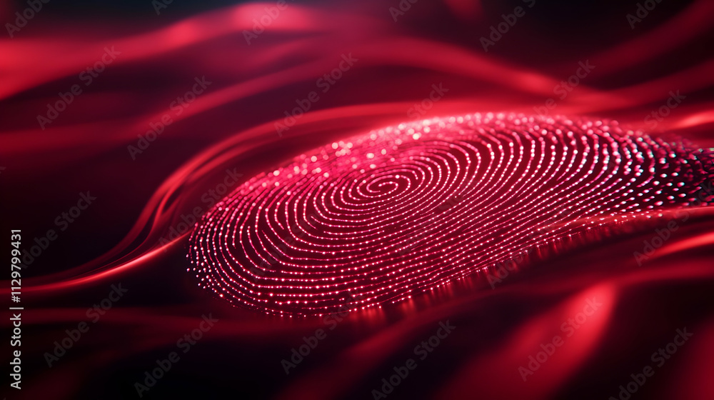 Poster a mesmerizing fingerprint pattern illuminated in vibrant red colors, symbolizing identity and digita