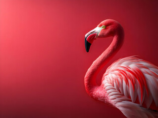 A striking close-up of a flamingo against a vibrant red backdrop, showcasing its unique features and colors.