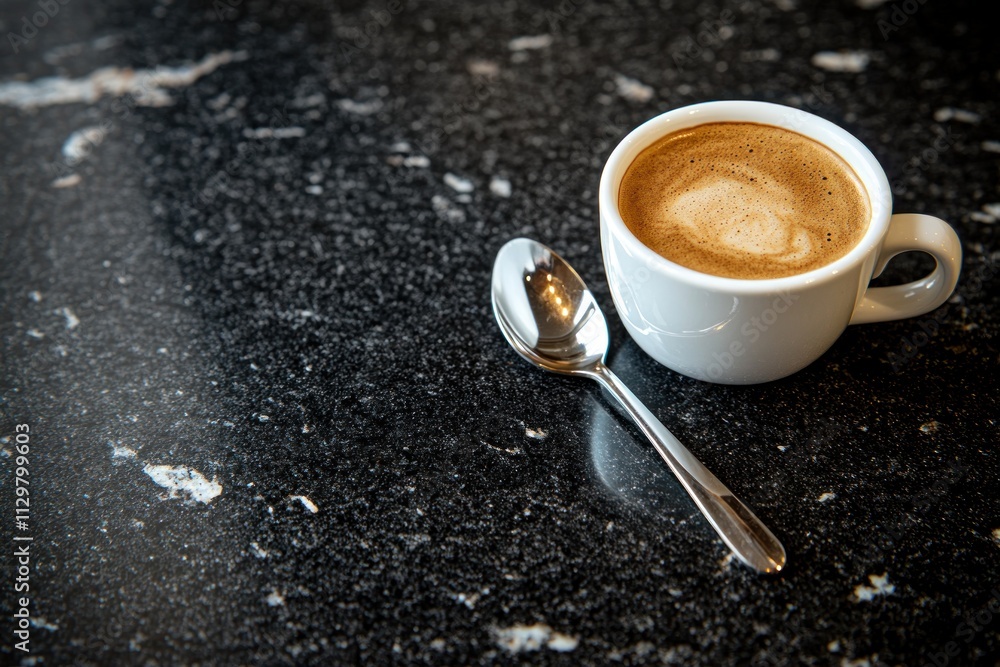 Poster close-up of a cup of coffee with latte art and a spoon on a dark marble surface.