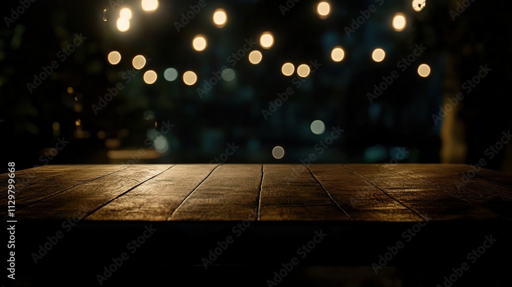 Poster empty wooden table top with bokeh light in dark environment