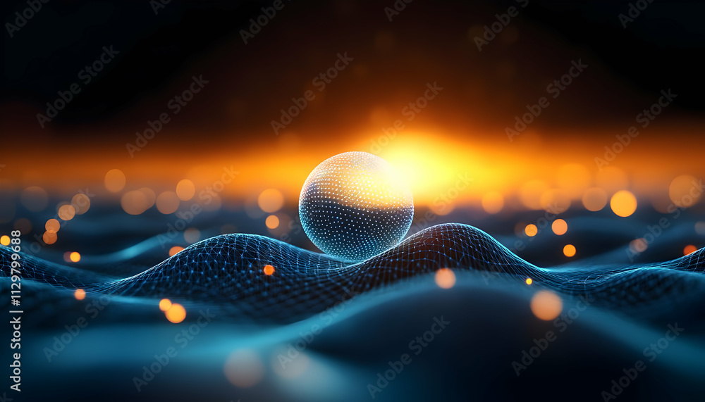 Poster a stunning digital representation of a glowing sphere resting on dynamic waves, showcasing vibrant c