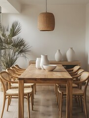 Sunlit Dining Room with Wooden Table and Rattan Chairs. A Serene and Elegant Space Featuring Natural Light, Minimalist Decor and a Touch of Greenery for a Cozy and Inviting Atmosphere.
