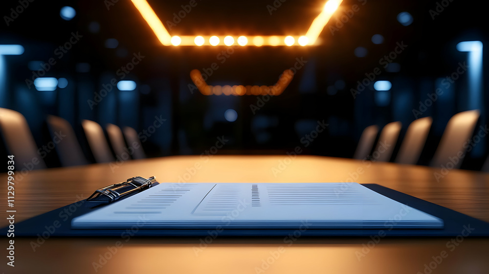 Poster a modern conference table with documents and a pen, illuminated by soft lighting in a professional s