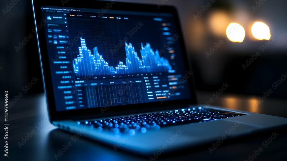 Poster a modern laptop displaying financial data and analytics in a dark environment, emphasizing technolog