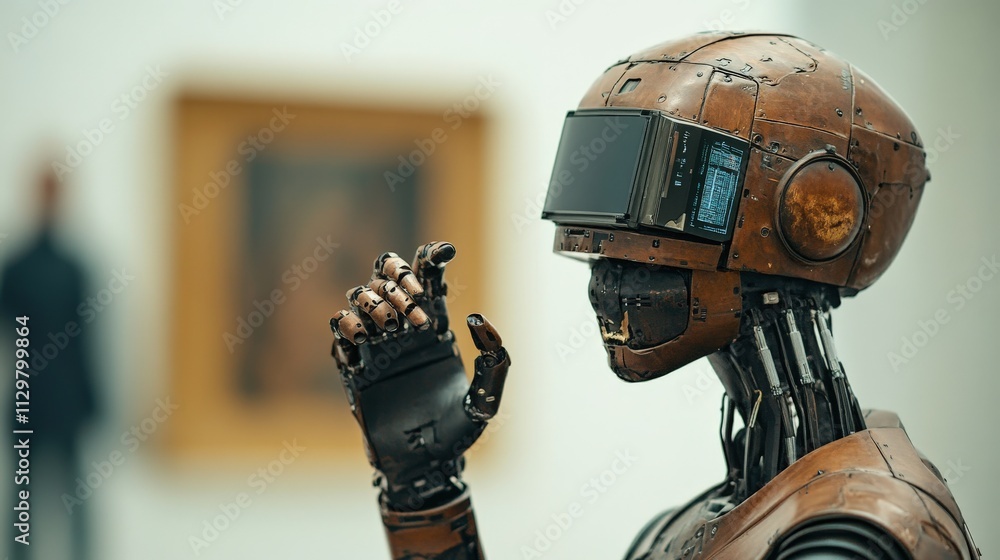 Aufkleber steampunk robot sculpture with intricate details in an art gallery setting, showcasing a blend of te