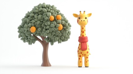 Cute cartoon giraffe wearing a scarf near an orange tree.