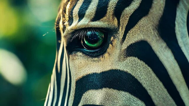 Close-up of zebra eye showing detailed stripes in natural light. Wildlife photography and nature observation concept