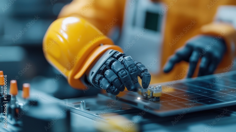 Poster Close-Up of Robot Arm Handling Solar Panel Component in Modern Industrial Setting Showcasing Automation and Technology Advancements in Renewable Energy Production