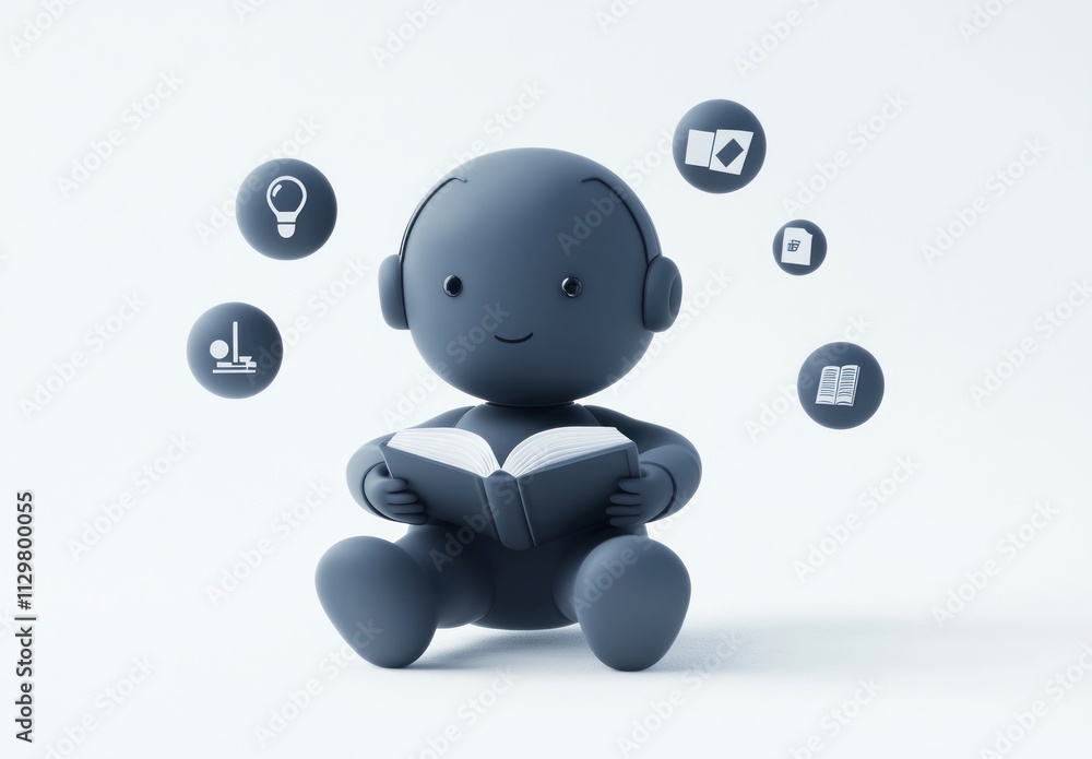 Poster cute 3d character reading a book, surrounded by knowledge icons.
