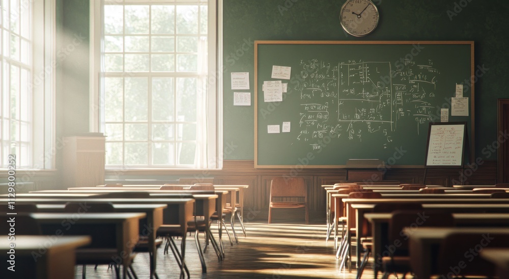 Poster Sunlit classroom with empty desks, chalkboard filled with equations, and large windows.