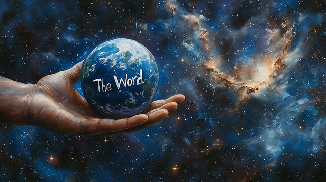 Hand holding Earth, "The Word" inscribed, cosmic backdrop.