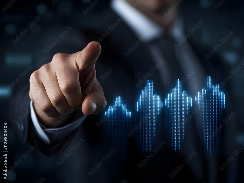 Poster a professional pointing at a digital sound wave display showcasing analytical data insights in busin