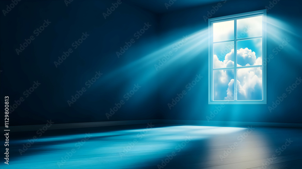 Poster a serene room illuminated by soft rays of light streaming through a window, creating a tranquil atmo
