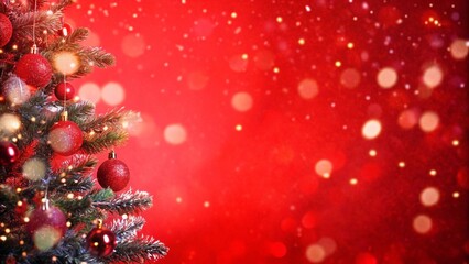 A festive Christmas tree adorned with red lights and snowflakes, set against a shiny red glittering background.