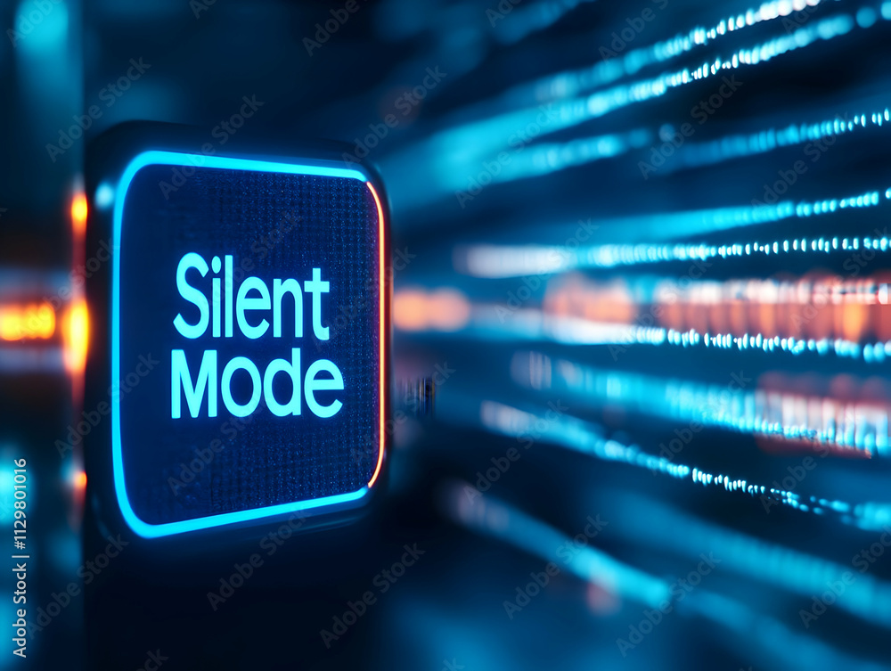 Poster a vibrant digital display showing 'silent mode' amidst glowing data streams, symbolizing tech connec