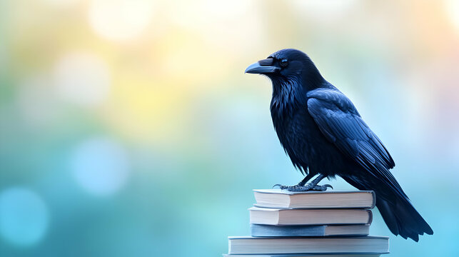 A striking black crow perched on a stack of books, symbolizing wisdom and mystery with a soft background.