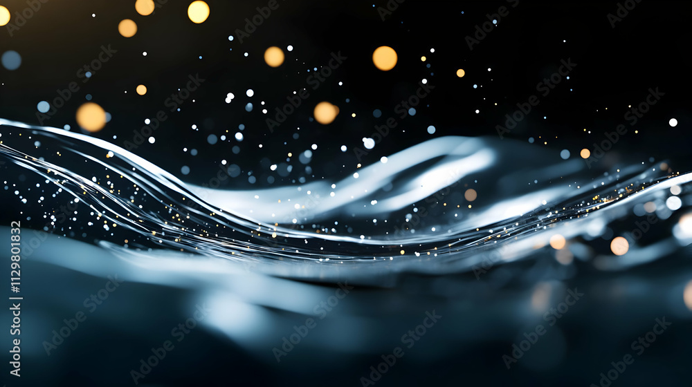 Poster captivating close-up of water waves with sparkling droplets, creating a sense of tranquility and flu