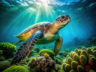 Fototapeta premium Pacific green sea turtle (Chelonia mydas): endangered beauty, captured in stunning wildlife photography.