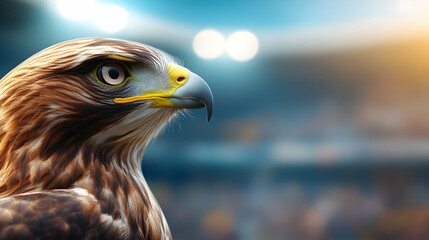 A stunning close-up of a soaring eagle, showcasing its fierce gaze and detailed feathers in vibrant surroundings.