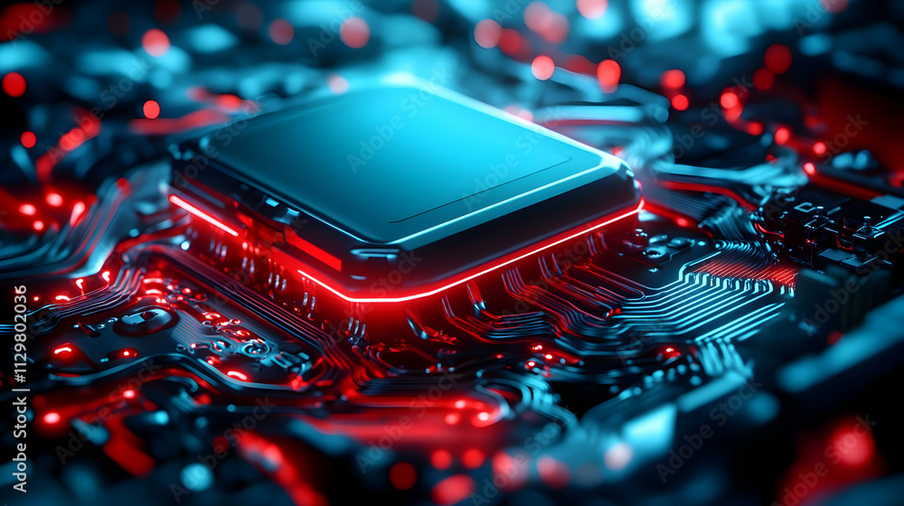 Poster close-up of a futuristic microchip with vibrant lights and intricate circuitry, showcasing modern te