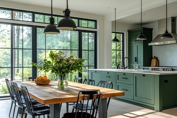 Modern Kitchen with Wooden Dining Table, Black Chairs and Green Cabinets Featuring Large Windows and Pendant Lights.