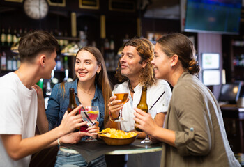 Two couples spending time in bar, having fun while drinking beer and talking.