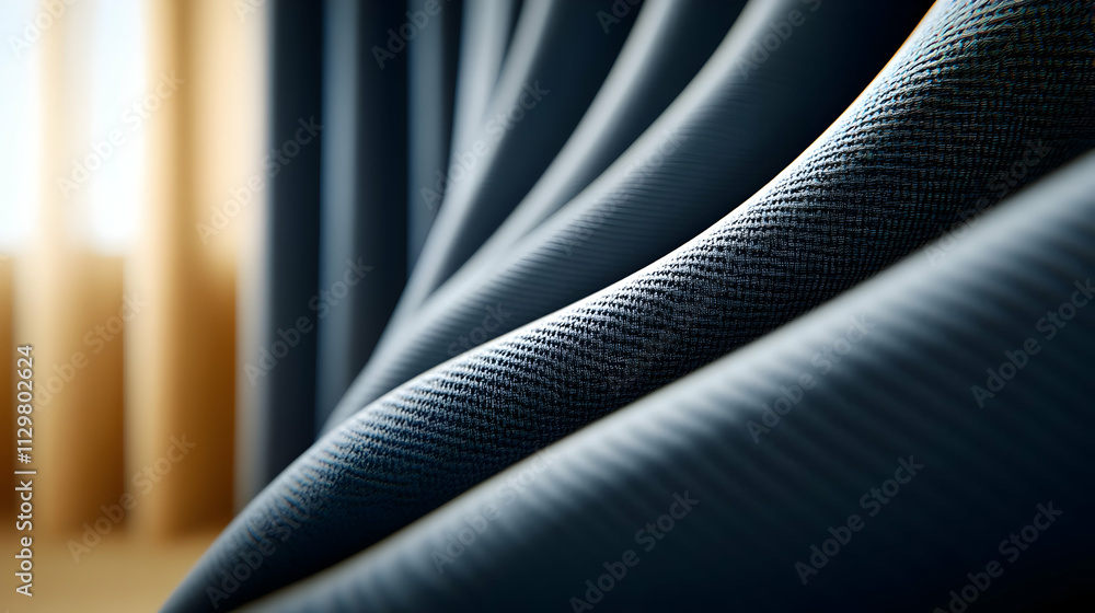 Poster close-up view of elegant fabric curtains with soft folds, creating a warm and inviting atmosphere in