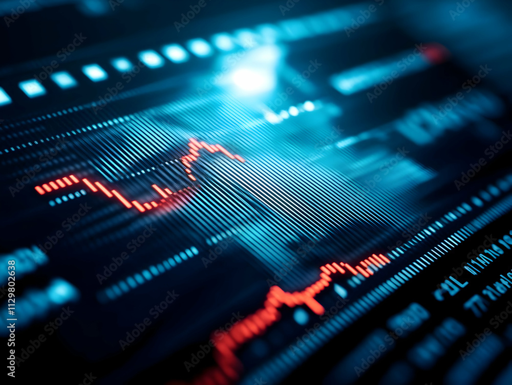 Poster close-up view of digital financial data visualization with graphs and statistics for analysis and tr