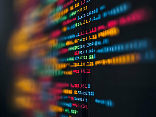 Obraz premium Close-up view of colorful code on a screen, showcasing the complexity and beauty of programming and software development.