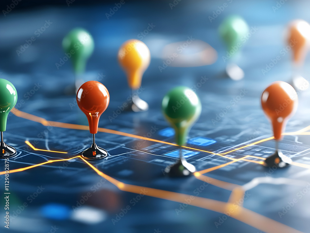 Poster colorful map markers on a detailed digital map representing navigation and location tracking.