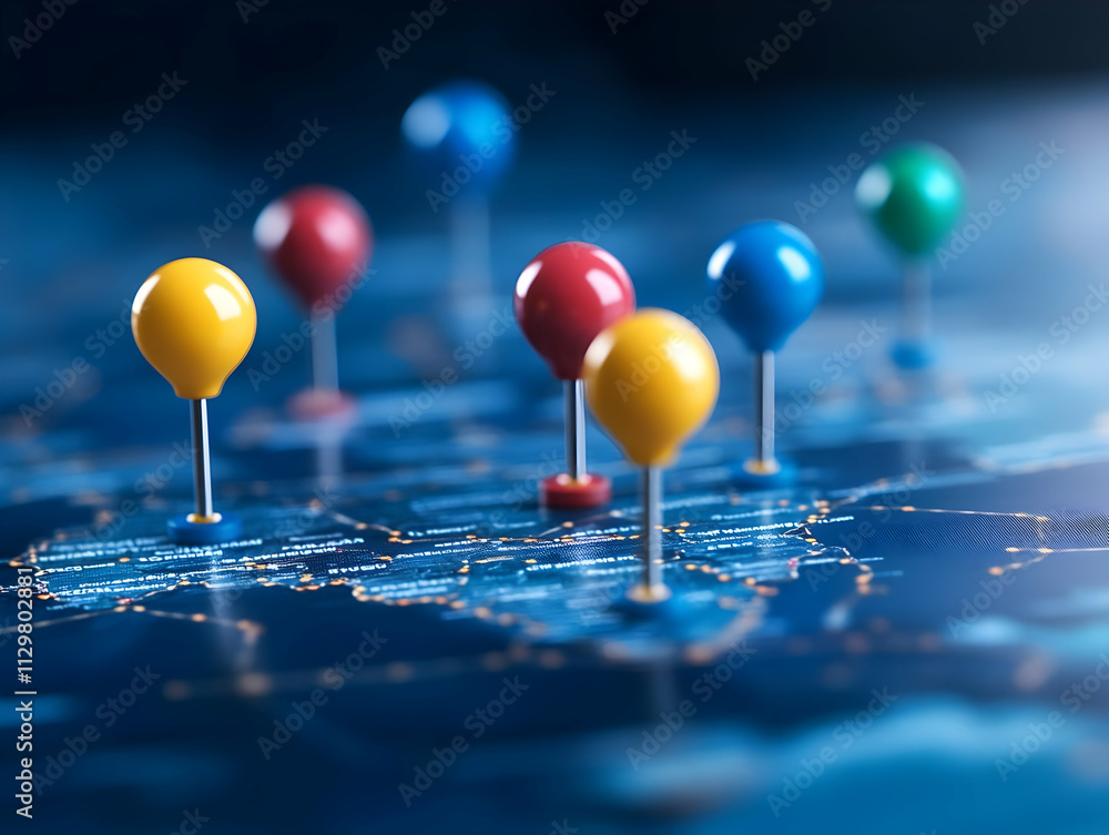 Poster colorful pins on a digital map representing navigation and location tracking.