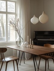 Minimalist Dining Room with Wooden Table, Chairs, and Piano. A Serene Space Featuring Natural Light, Elegant Decor and a Touch of Nature with Branches in a Vase.
