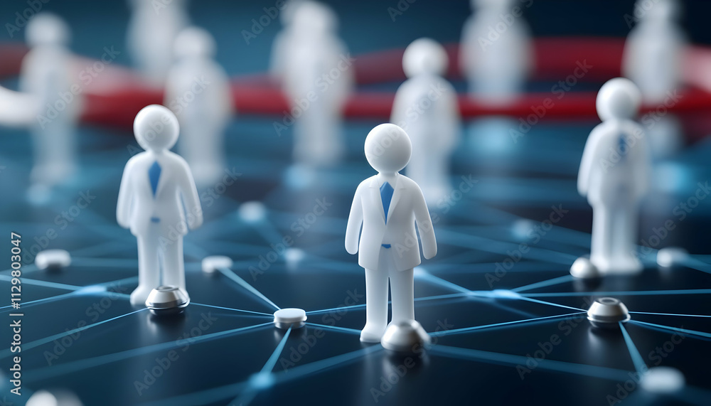 Poster concept of networking with connected figures representing collaboration and teamwork in a digital en