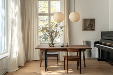 Minimalist Dining Room with Wooden Table, Chairs, and Piano. A Serene Space Featuring Natural Light, Elegant Decor and a Touch of Nature with Branches in a Vase.