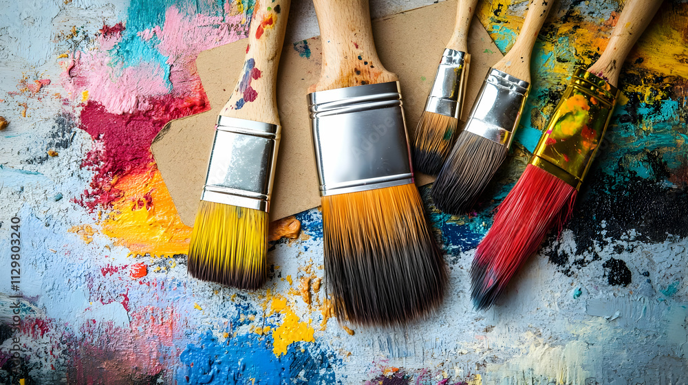 Poster a vibrant collection of paintbrushes resting on a colorful palette covered in various paint splatter