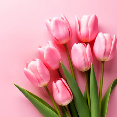 Fototapeta premium bouquet of blooming pink tulips on light pink background, wallpaper or greeting card