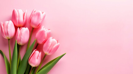 bouquet of blooming pink tulips on light pink background, wallpaper or greeting card