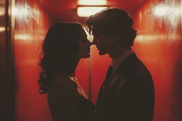 Couple Kissing in Elevator During Secret Affair