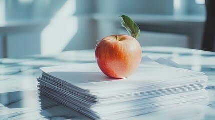Red apple atop a stack of papers on a table.