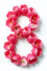 Obraz premium number 8 in the form of pink tulip buds on a white background