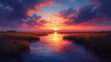 Obraz premium serene sunset marshland scenery with colorful clouds and birds flying