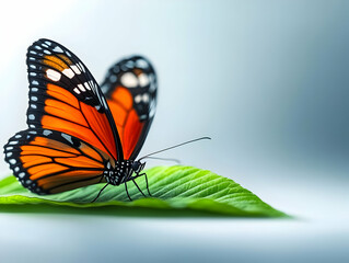 Fototapeta premium A vibrant orange butterfly delicately perched on a green leaf, showcasing nature's exquisite beauty and detail.