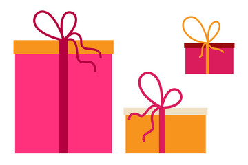 Set of three colorful gift boxes with ribbons. Vivid color palette, makes it perfect for seasonal themes, Christmas cards, or festive advertising. Minimal vector illustration on isolated background