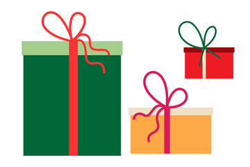 Set of three colorful gift boxes with ribbons. Vivid color palette, makes it perfect for seasonal themes, Christmas cards, or festive advertising. Minimal vector illustration on isolated background