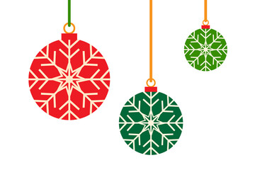 Colorful Christmas ornament set of baubles, spheres. Ball with snowflake pattern. Horizontal layout, vector illustration, isolated on white background