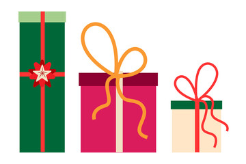 Set of three colorful gift boxes with ribbons and bows. Perfect for seasonal themes, Christmas cards, digital artwork or festive advertising. minimal vector illustration on isolated background