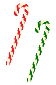 Two red, green and white candy canes on isolated background. Perfect for seasonal themes, Christmas cards, or festive advertising. Vertical layout, vector illustration